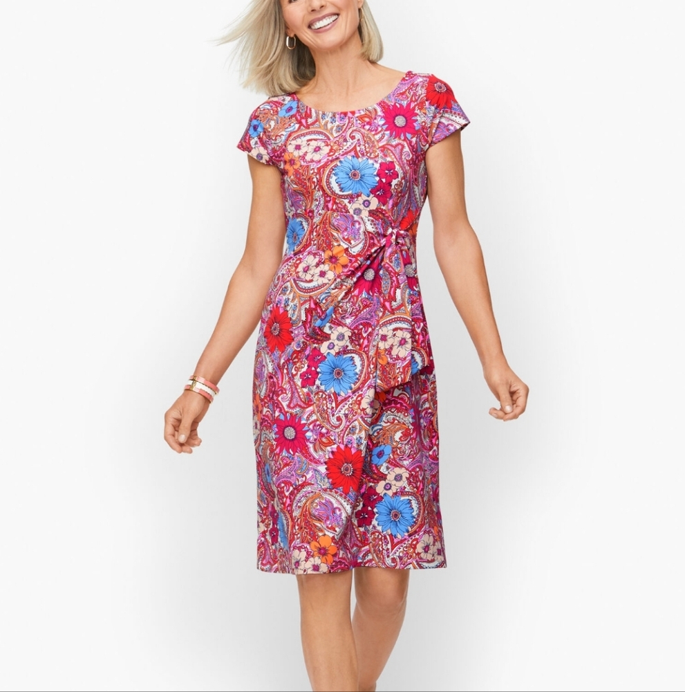 NWOT. Talbots Island Paisley Tie Detail Sheath Dress Sz. Large Petite